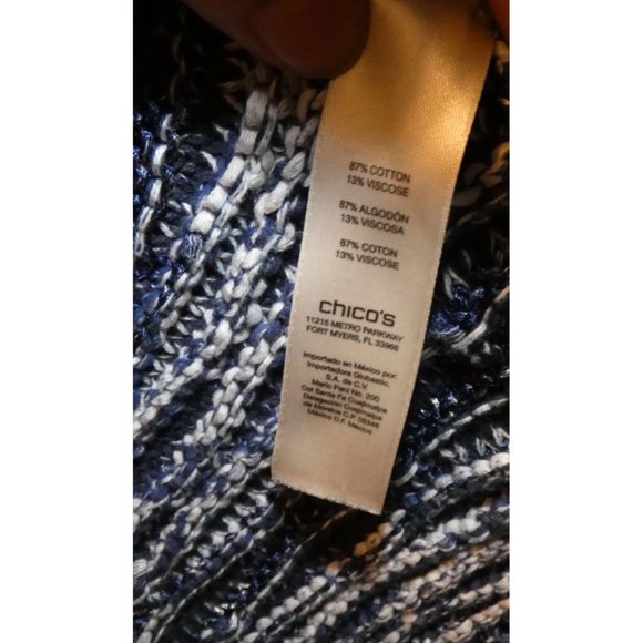 Long Cotton Sweater, Blue and white with Fringe Women's Size Large, Chico's Bran - Picture 3 of 5